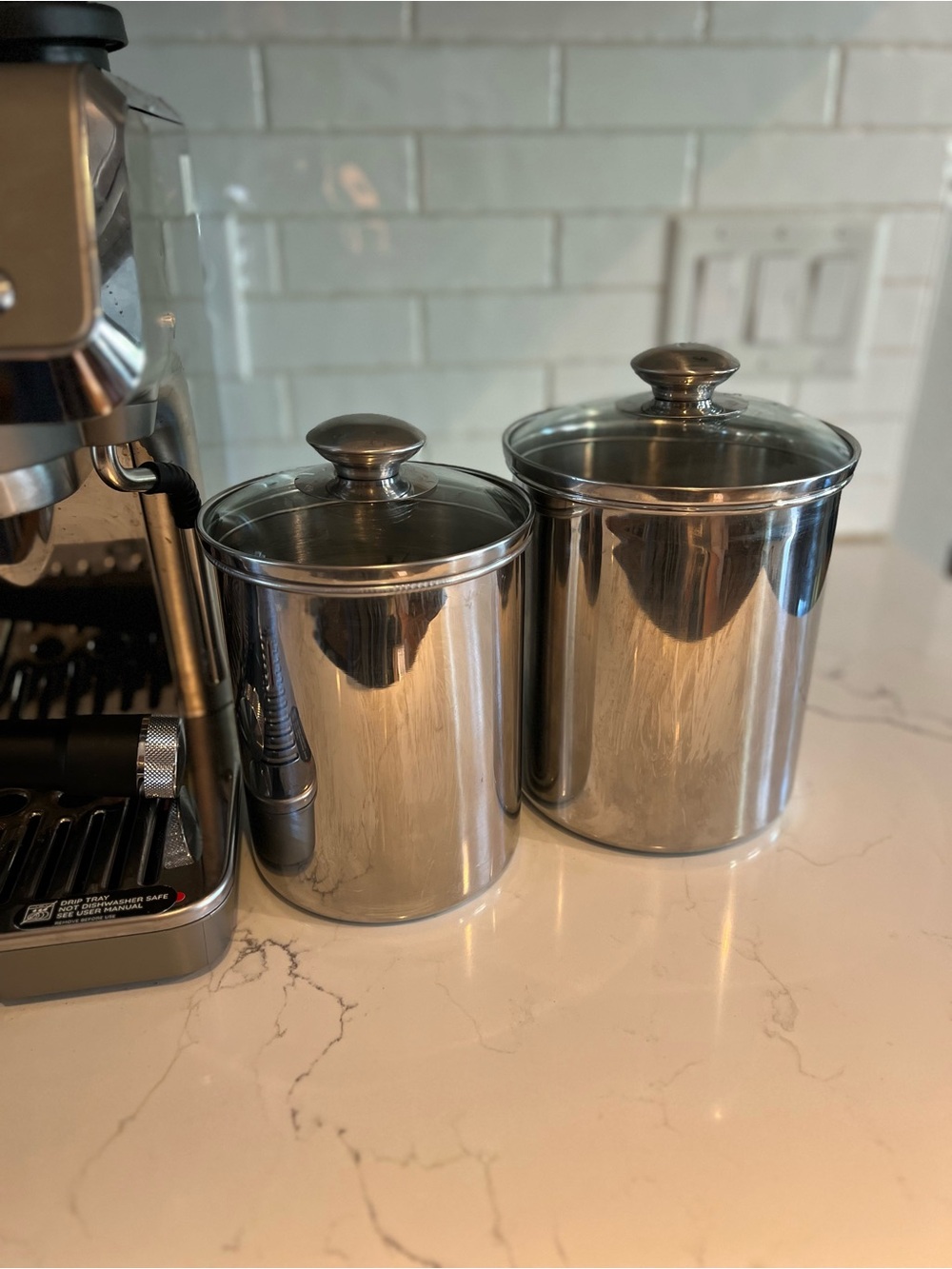 Vintage Williams Sonoma Stainless Steel Canisters Glass Lids Set of 2 18/10 Jars